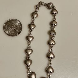 Vintage Sterling Silver Puffy Heart Link Bracelet, Fits Up To Size 7 inch Wrist
