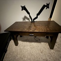 Wood Desk With Dual Monitor Stand And Power Strip