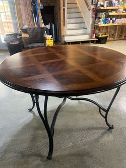 47” Round Wood Dining Table – Parquet Inlay Top – Black Metal Base