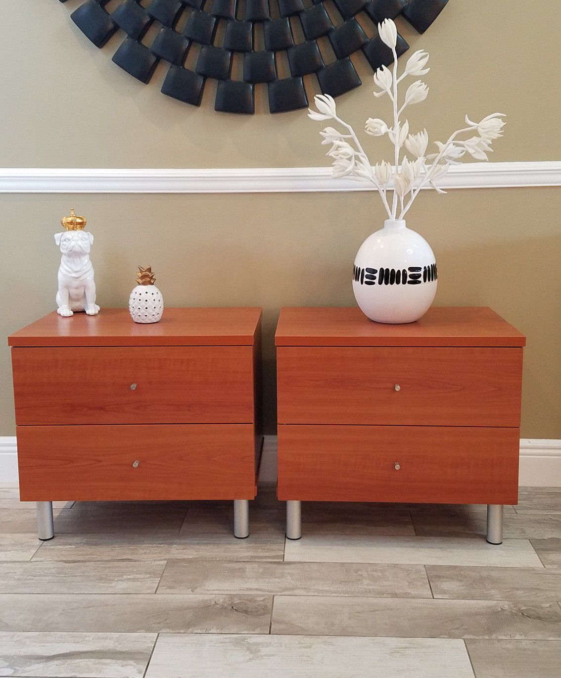 Brand new modern cherry wood two drawer nightstands / end tables with silver tubes legs H=21" d=16" w=22.75"