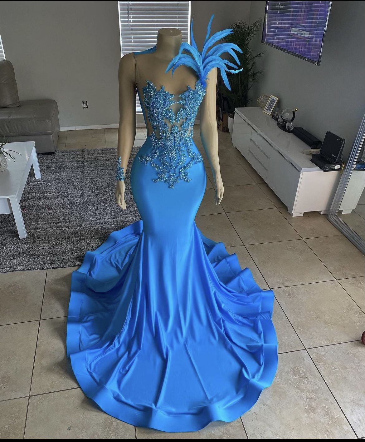 Aqua Blue Sequins Top Long Mermaid Prom Dress