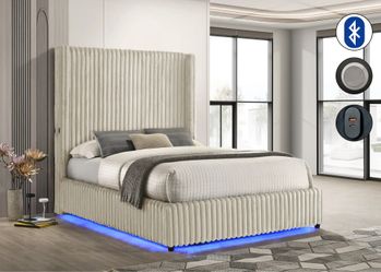 NEW 6FT Tall Cream CorduroyPlatform Bed Frame King & Queen Size LED lights and USB Port Bluetooth