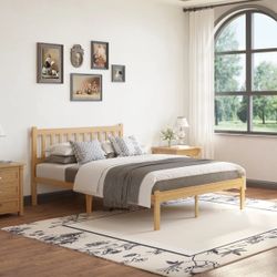 Natural Wood Platform Bed Frame with Headboard