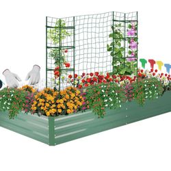 New Raised Garden Bed for Vegetables Flowers Herbs, Metal Raised Garden Bed Kit with 2 PCS Tomato Cage, Gloves, Trellis Netting, Plant Labels, Plant T