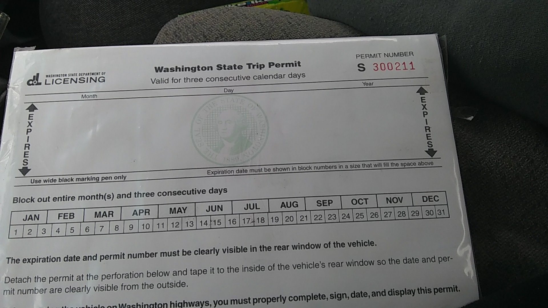 Temporary Printable Washington State Trip Permit Template