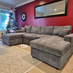 Grey Corduroy Sectional Sofa Couch W/Double Chaise (New In Box) 