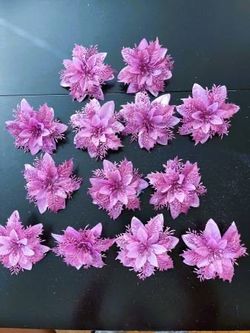 13 Deep Lavender Glitter Poinsettia Clip -On Christmas Tree Ornaments
