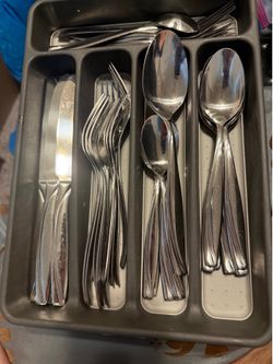 Stainless steel silverware set in an organizer