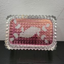 Vintage Covered Ribbed Glass Candy/ Trinket Dish W/ Pink Floral Top