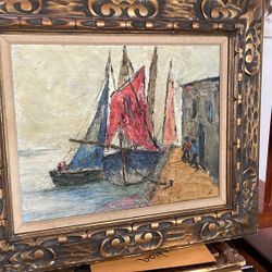 Antique Painting Canvas  In Mahogany Beautiful Frame Signed