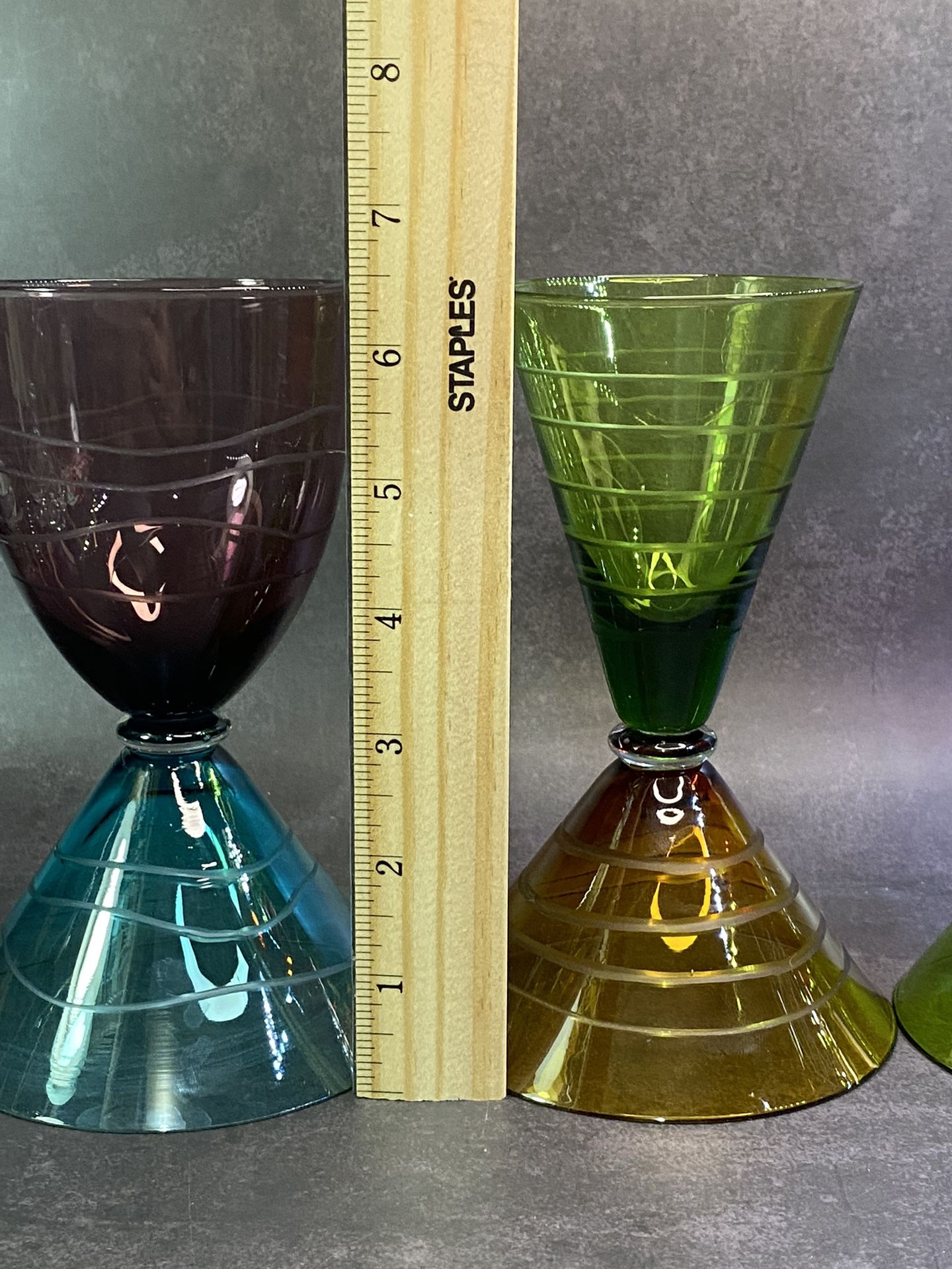 Set of (3) Vintage, Jewel Colored, Double Sided Martini/Wine Glasses, Etched Mid Century Cocktail Art Glass. 