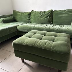 Green Velvet Article Couch And Ottoman 