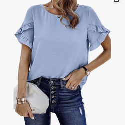 ECOWISH Womens Casual Ruffle Tops: Short Sleeve Summer Blouses Soild Crewneck Tunics Shirts