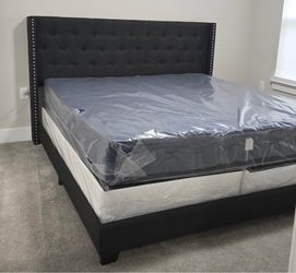 ♥️ Brand New Tufted Wingback Dark Grey Bed | King & Queen Size Upholstered Bed Frame + Mattress & Box Spring | Nailhead Trim | Pay After Delivery 🚚