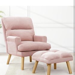 Blush Pink Accent Chair with Ottoman – Adjustable Recliner, Cozy Reading Chair