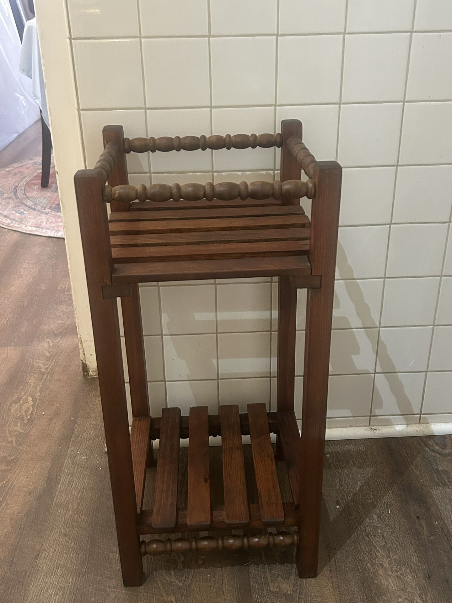 Mission? Arts & Crafts? Attic Find Vintage Two Tier Wood Plant Stand w/Slats and Turned Dowels: