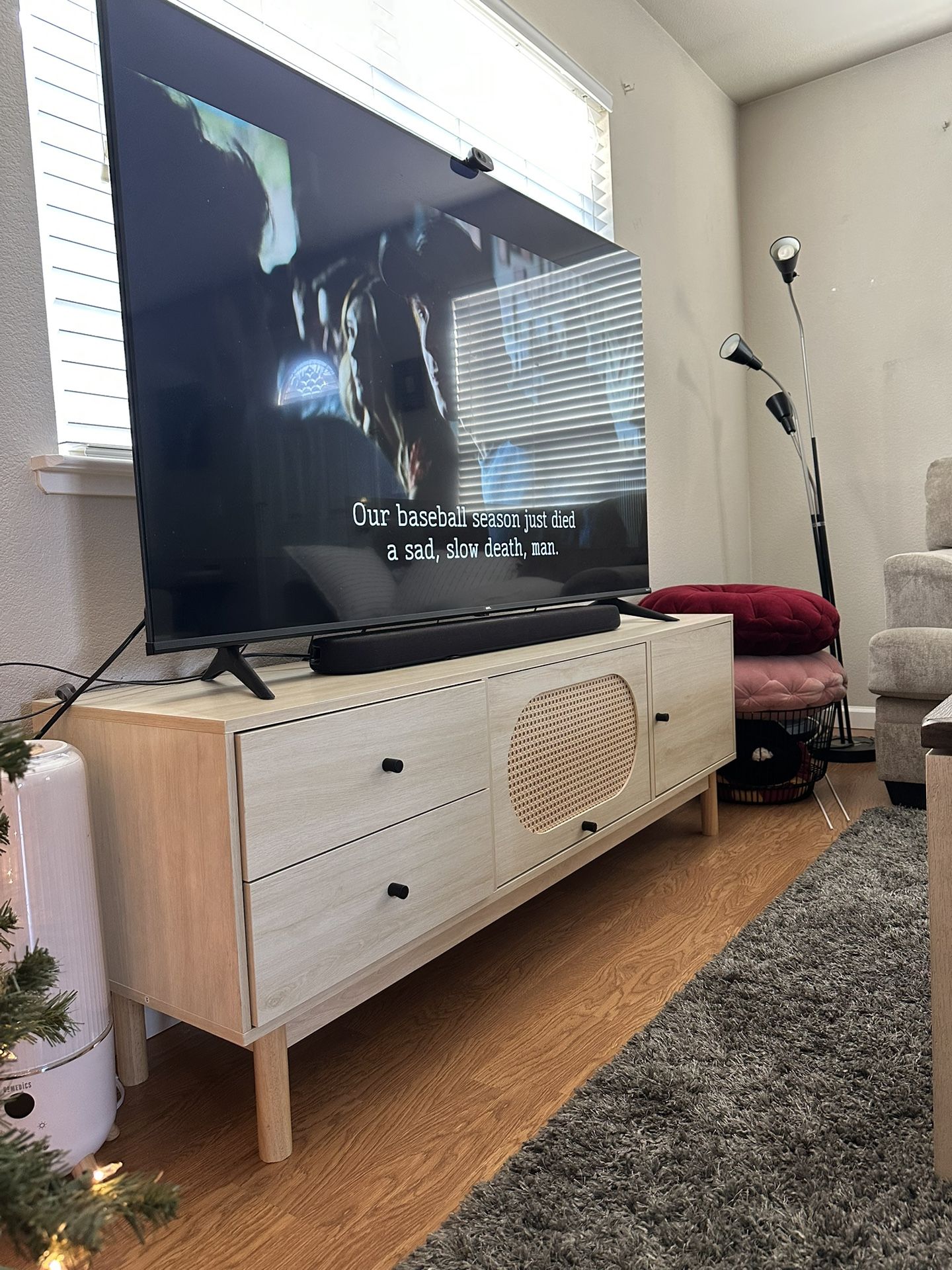 Boho Rattan TV Stand – Fits up to 70” TV (Modern + Oak Finish)