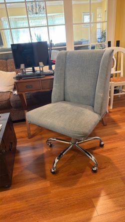 Armless Desk Chair blue Fabric with silver decor on sides