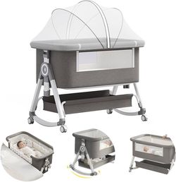 4 in 1 Baby Bassinet Bedside Sleeper, Rocking Bassinets with Wheels and Comfy Mattress, 6 Height Adjustable Easy Folding Portable Bedside Crib for New