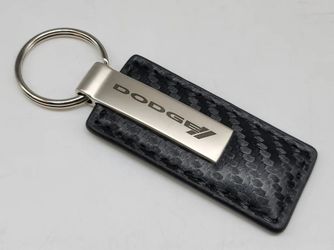 Brand New Dodge Engraved Rectangle White Carbon Fiber Leather Fob Keyring Keychain Official Licensed Product