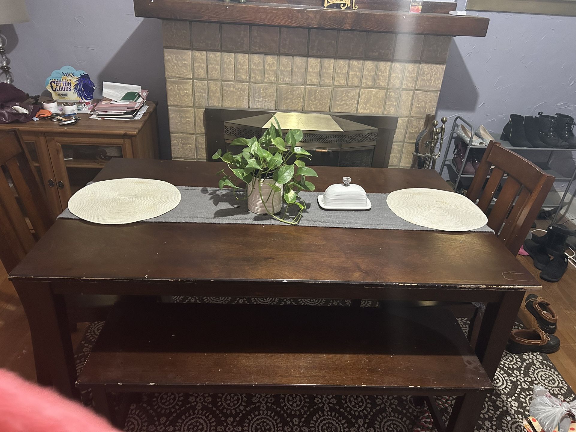 Real Wood Dining Room Table with chairs and bench