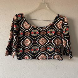 Annabelle, Women’s Black & Multicolor Pattern 3/4 Sleeve Crop Top, Size XL