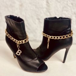 Bebe -Women’s -Black -Chain -Open Toe Ankle Boots 