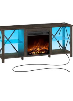 Rolanstar Fireplace TV Stand 55" with LED Lights and Power Outlets, Entertainment Center with Adjustable Glass Shelves, TV Console for 32" 43" 50" 55"