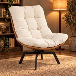Rattan Swivel Accent Chair with Tufted Cushion
