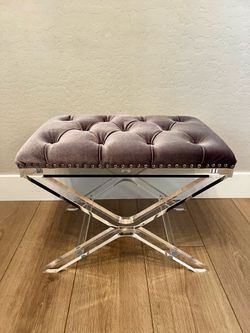 High End Button Tufted Light Grey Velvet Vanity Stool With Acrylic Legs and Nailhead Trim