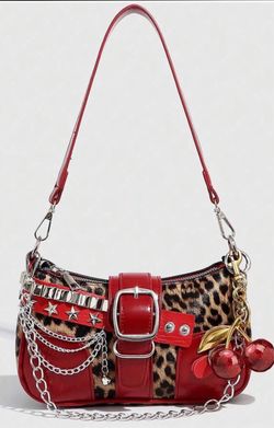 Red Leopard Print Shoulder Bag with Chain Detail