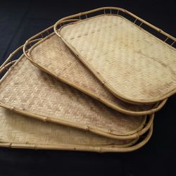 VTG Woven Bamboo Rattan Wicker Serving Lap Trays Tiki Bar 19"x 13"x1.5" Lot of 4