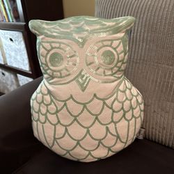 Owl Pillow and Two Ceramic Owl Statues Decorations 