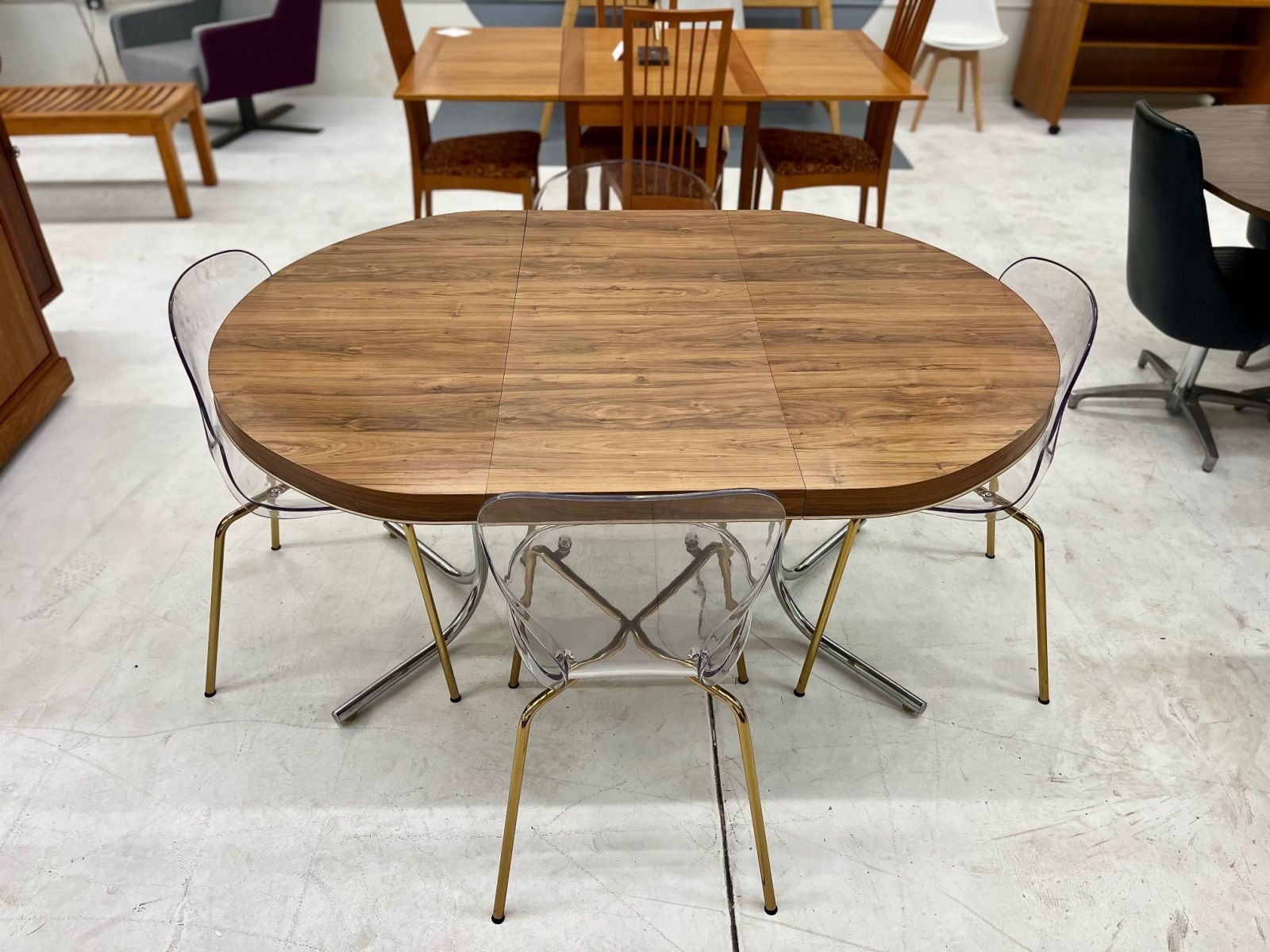 MCM Veneer Dining Table With Four Acrylic Chairs + One Leaf