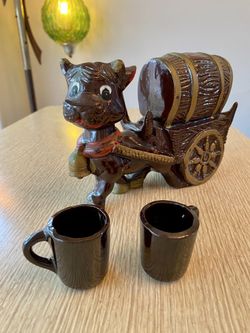 Vintage Ceramic Cow & Western Wagon Decanter w/ Mini Mugs 