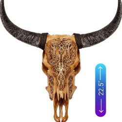 Hand Carved Cow Skull & Horn With Metal Mount & Lights 