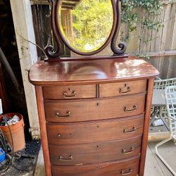 Antique Mahogany High Boy Dresser Chest with Adjustable Mirror