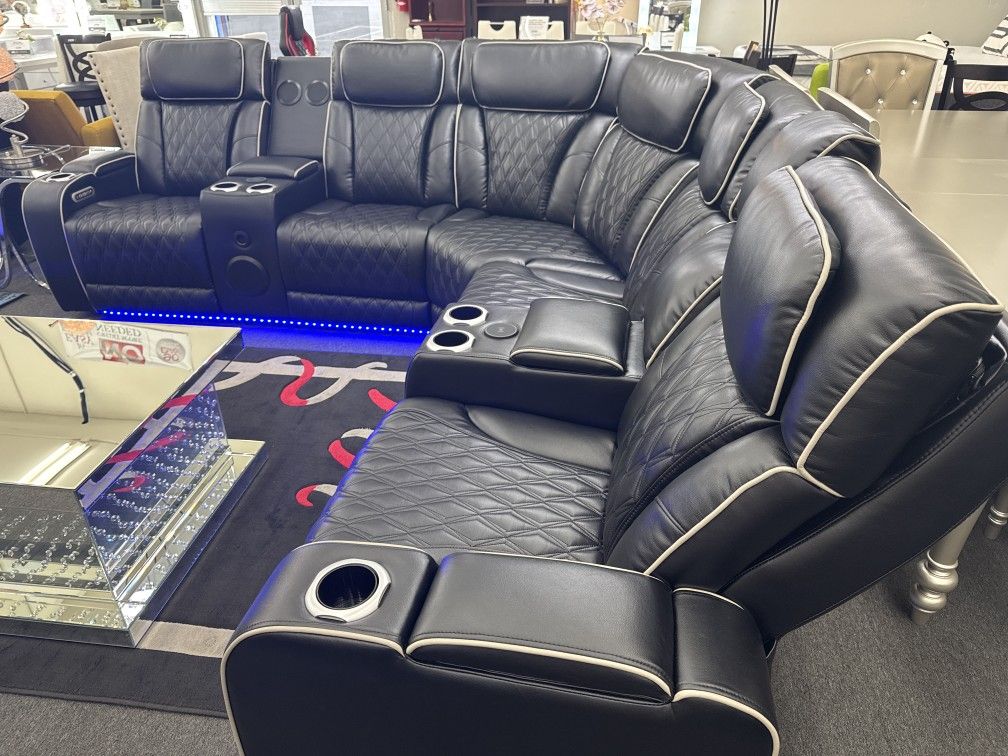 NEW💥Black Sectional Sofa with Power Recliners, LED Lighting, Massage, and Bluetooth Speakers