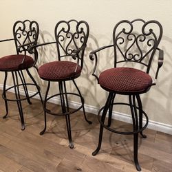  3 Bar Stools Bronze Powder Coated Burgundy  Upholstery 