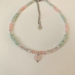 *Convertible* anklet or choker. Rose Quartz, real pearls and AB glass beads, 13”