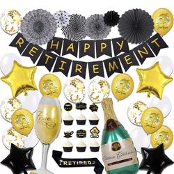 NEW! Retirement Party Decorations, Black and Gold Retirement Party Supplies with Happy Retirement Banner Latex Balloons Tissue Pom Poms Paper Fans Ret