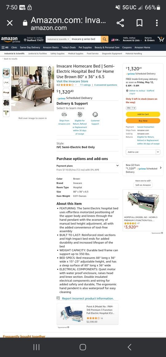 invacare g series hospital bed frame never used