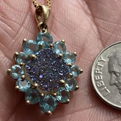 10K Solid Gold Box Chain & Blue Topaz Purple Druzzy Quartz Pendant Necklace 