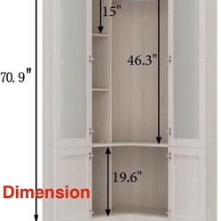 🥨L-Shape Wardrobe Armoire Closet with Hanging Rod & Shelf, Bedroom Armoire with Frosted Glass Doors, Clothes Wardrobe with Gold Knob, Wood Grain