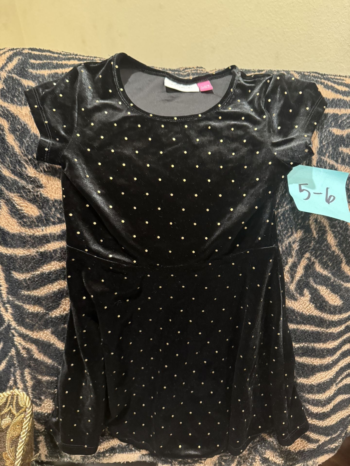 Children’s Place Like New Size 5 Dresses Black Velour With Gold Polka Dots, Rainbow Striped Dress