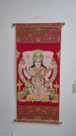 Indian Wall Hanging Scroll Lakshmi Ganesh Red Tapestry with Gold Details