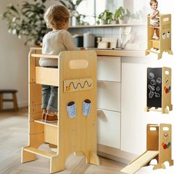 Toddler Tower 4 in 1 Toddler Kitchen Stool Helper Standing Tower for Kitchen Counter with Safety Board, 3 Adjustable Heights, Slide, Chalkboard, Monte