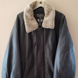 Eddie Bauer Black Leather Bomber With Removable Lamb Fur Collar Size XXL/XXG 🔴READ DESCRIPTION BELOW●