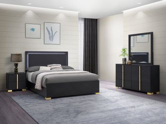 5 Piece Queen Bedroom Set – Black & Gold Modern Furniture with LED Headboard