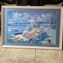 28” X 39” Beautifully Framed Sea, Sky And Floral Print